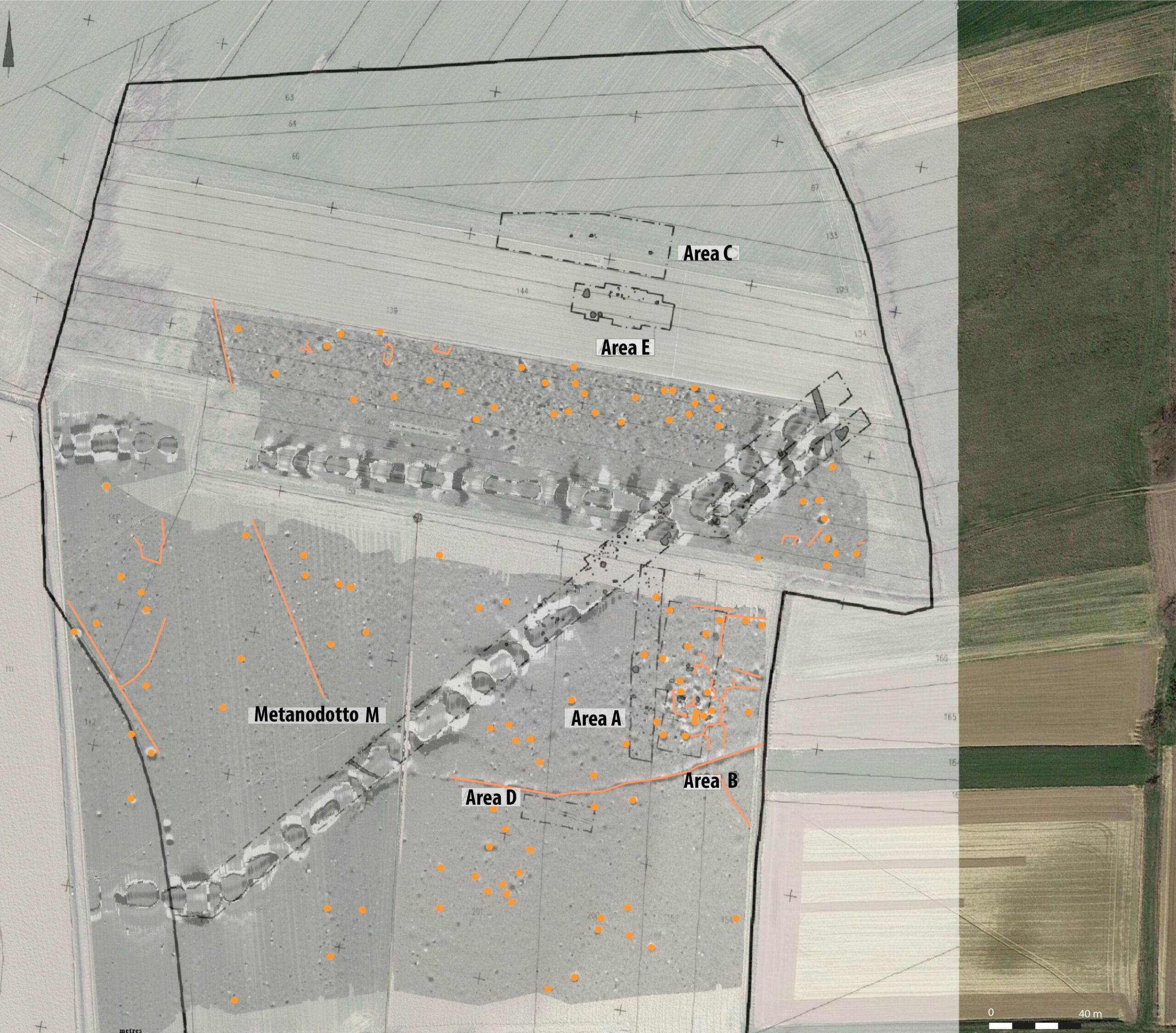 [fr]Planimétrie de l’emprise avec emplacements des sondages archéologiques et les résultats des levés magnétiques.[en]Planimetry of the right-of-way with locations of the archaeological borings and the results of the magnetic surveys.